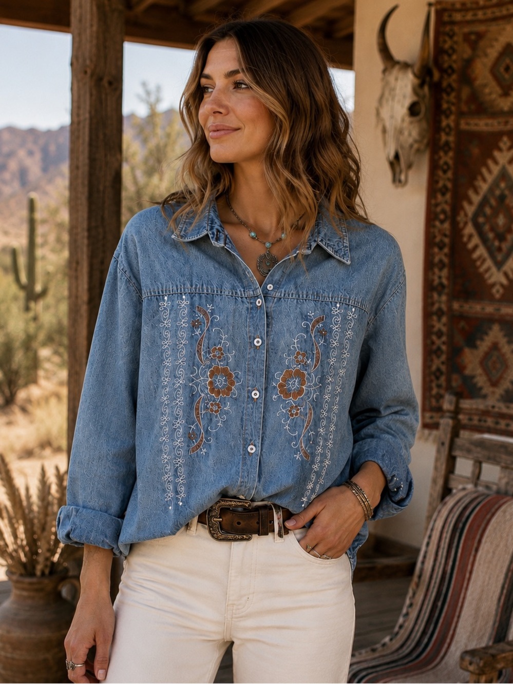 Vintage Gitano 80’S Embroidered Button Down Boho Western Denim Shirt Size M